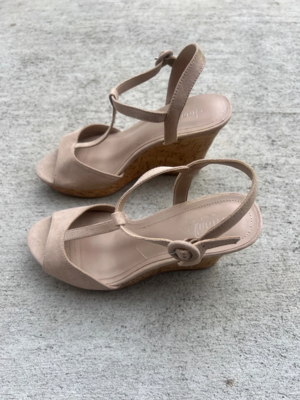 Charles by Charles David Latin Cork Wedge T-Strap Sandal in Nude Suede - With Bo